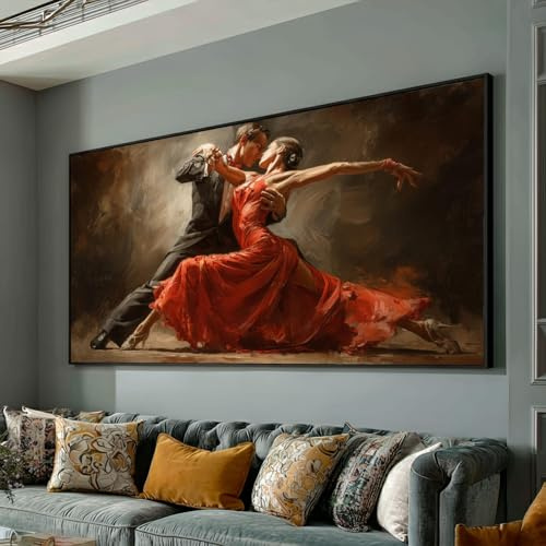 XINBAO Coppia di ballerini di tango, tela da ballo con abito rosso, decorazione murale romantica, decorazione per la casa, dipinto in stile espressionista moderno (90x180 cm/senza cornice)