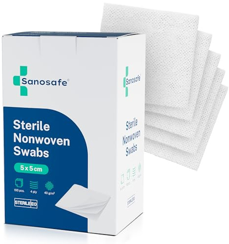 Sanosafe Compresses Stériles non tissées 5x5 cm 100 pièces | Pour soin des plaies | Douces, absorbantes & sans peluche