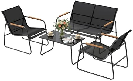 WOLTU Gartenmöbel Set 4-teilig1 Tisch & 1 Zweisitzer-Sofa & 2 Sessel mit Rückenlehne und Armlehnen Ergonomisches Design UV-beständig Balkonmöbel für Terrasse und Balkon, Schwarz