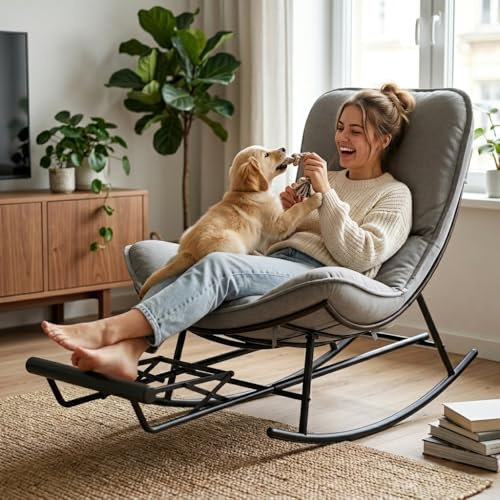 Schaukelstuhl mit Ausziehbare Fußstütze & Abnehmbares Kissen, Schaukelliege Bis 200kg Belastbar, Schaukelsessel Outdoor Rattan & Stahlgestell, XXL & Ergonomischer Rocking Chair für Wohnzimmer, Garten