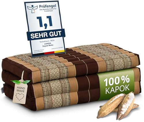 livasia Nachhaltige Matratze aus Kapok - 140x70x8cm - Klappmatratze, Camping Matte faltbar, ökologische Yogamatte klappbar, Liege für Garten und Balkon (Braun)