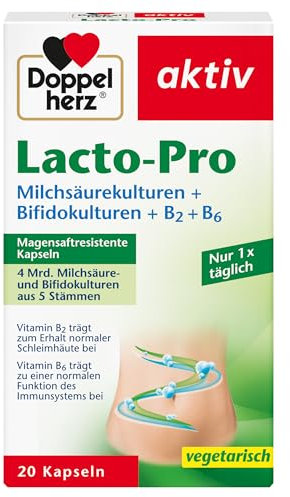 Doppelherz Lacto-Pro Milchsäurekulturen + Bifidokulturen + B2 + B6 - Vitamin B6 trägt zu einer normalen Funktion des Immunsystems bei - 20 vegetarische und magensaftresistente Kapseln