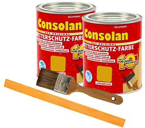 Consolan Wetterschutzfarbe deckend / 2x 0,75L / Holzschutzfarbe Holzfarbe bis zu 10 Jahre wetterbeständig für Holz und Zink Außen inkl. Pinsel & Rührstab (gelb 203)