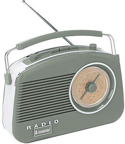 Steepletone Brighton Mk2 Shabby Chic Nostalgic Retro Radio (1950's Style), Mains Electric/Battery Powered. Rotary Radio FM & AM (MW + LW). Mobile Smart Phone Music Playback (Mains Lead Inc) - Sage