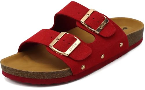 ONCAI Women's Open Toe Footbed Sandals Suede Leather Strap Buckle Cork Slide Mules