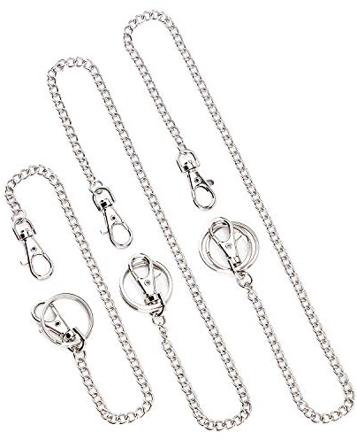 AIEX 3 pièces Chaine Pantalon - Chaîne de Poche, Chaîne pour Portefeuille, Porte-clé en Argent avec Deux Pinces pour Homard et Deux Porte-clés pour Jeans, Pantalons, Sacs - 32cm, 48cm, 52cm