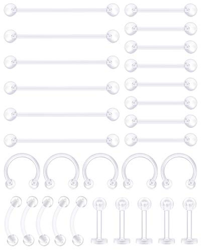 AceFun 14G-22G Piercing Retainers Set Acryl Bioflex Edelstahl Plastik Lippe Nase Augenbraue Zunge Bauchnabel Ohr Piercing Kit Klare Nasenring Piercing Bunte CZ für Frauen Männer
