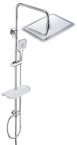 JOHO Columna de ducha sin Grifo ajustable en altura 74-114 cm con estante de ducha, sistema de ducha cromado con cabezal de ducha 35x25 cm