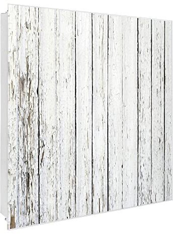 banjado Großer Schlüsselkasten Glas - Schlüsselbox 30x30cm mit 50 Haken - Schlüsselkasten modern für Schlüsselaufbewahrung mit beschreibbarer, magnetischer Glastür - Motiv Holz Weiß