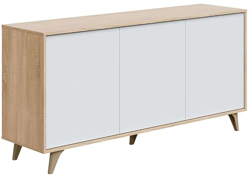 Habitdesign Aparador 3 Puertas, Bueffet para salón, Armario Auxiliar, Modelo Kikua Plus, Acabado en Blanco Artik y Roble Canadian, Medidas: 154 cm (Ancho) x 75 cm (Alto) x 40 cm (Fondo)