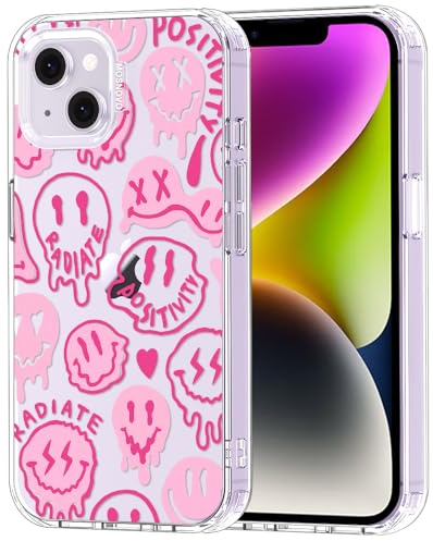 MOSNOVO Hülle für iPhone 13 & iPhone 14, [2 m Militärschutz] [Anti-Abblätter-Technologie] Transparente stoßfest TPU Stoßfänger Handyhülle mit Design - Rosafarbene tropfende Lächeln