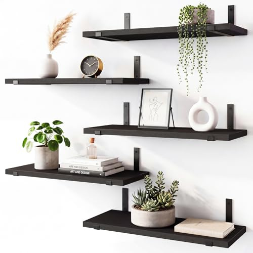 Fixwal Wall Shelves, Width 4.7 Inches Black Floating Shelves for Wall, Rustic Wood Wall Storage Shelves for Bedroom, Living Room, Kitchen, Bathroom, Home Decor (Set of 5 Black)