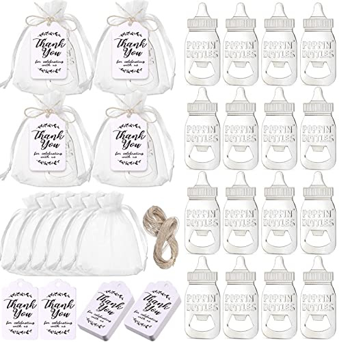 24Pz Apribottiglie per Bambini, Apribottiglie a Forma di Bottiglia di Bambino Poppin Bomboniere per Doccia del Bambino con Etichette di Ringraziamento, Baby Shower Ritorno Regali (Argento)