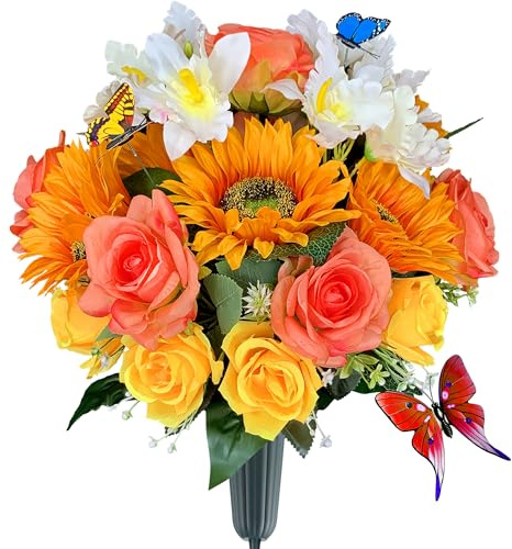 HENOMO Silk Cemetery Flowers for Grave with Butterfly and Vase, Non-Bleed, Artificial Rose & Sunflower& Cattleya Orchid, Graveside Arrangement, Easy Fit