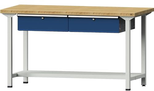 ANKE | Werkbank | Gestellbauweise Serie V | 2 Schubladen | 1 Ablageboden | Breite 1500 mm | Buchemassivplatte