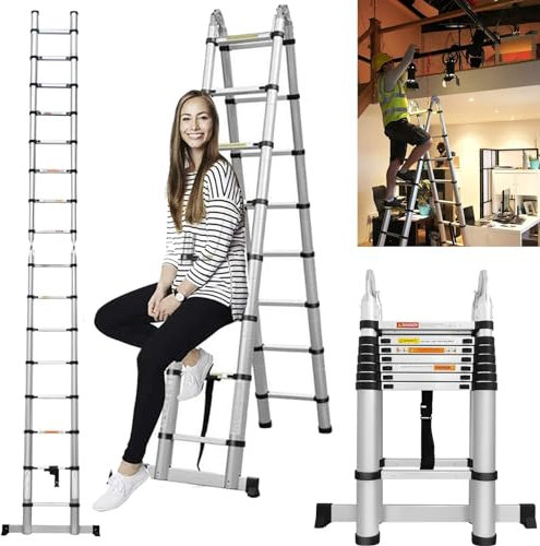 5M A Frame Folding Telescopic Ladders Extendable 8+8 Steps Aluminium Step Ladder, Multi-Purpose Extension Collapsible Telescoping Ladder Portable Roof Loft Ladder Foldable Ladder, Max Load 330lbs