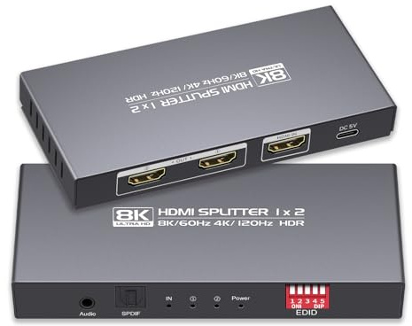 diaogenlee 8K HDMI-splitter 1 i 2 ut 4K120hz, HDMI 2.1-splitter 1 x 2 8K60Hz, downscaler EDID-läge, med Spdif, 3,5 mm ljudutgång, kompatibel med Xbox Series X, PS4 Pro, PS5, Blu-ray-spelare