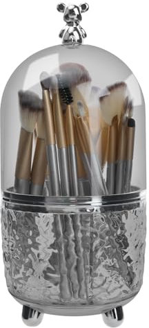 HMIEPRS 360° Drehbarer Make Up Pinselhalter, 6 Fächer Makeup Organizer Aufbewahrung mit Deckel, Kosmetik Organiser für Makeup Pinsel Schminktisch Badezimmer Schlafzimmer (Transluzent Grau Silber)