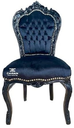 CasAmin Home & Living Accent Chair Black Velvet French Louis XV Style Chair Baroque Rococo Dining Antique Style Reproduction in Black