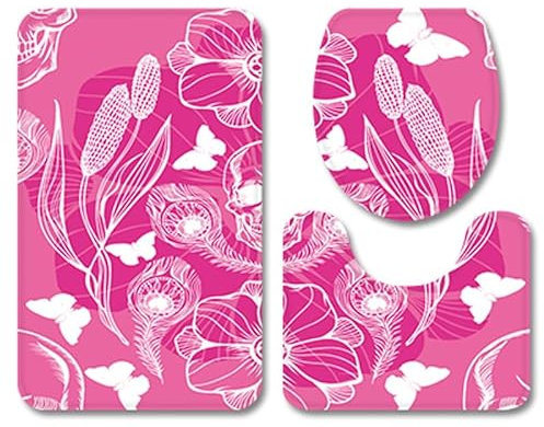 Bad Teppiche Set 3-Teiliges Rosa Blütenblätter WC Vorleger Mit Ausschnitt Badematte Saugfähig WC Deckelbezug Badvorleger rutschfest Waschbar Toilettensitzbezug Badgarnitur (50x80cm)
