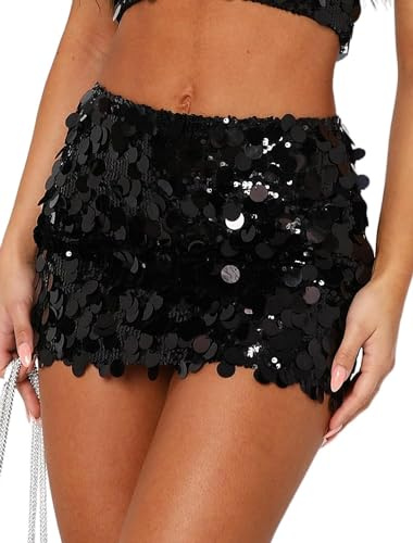 Fiacafyo Women Shiny Sequin Mini Skirt Sparkly Hip Glitter Bodycon Dance Skirts Low Rise Y2k Rave Party Club Night Pencil Skirts (D-Black, M)