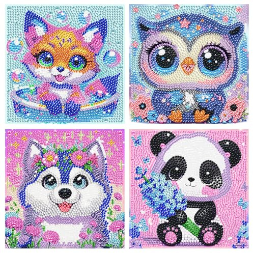 KiKiHong 4 Piezas DIY Animales Pintura Diamante,5D Diamond Painting Kit,Cuadros Diamantes 5D,Pintura Diamante Niños Regalos de Cumpleaños para Niños y Niñas(15 * 15 cm)