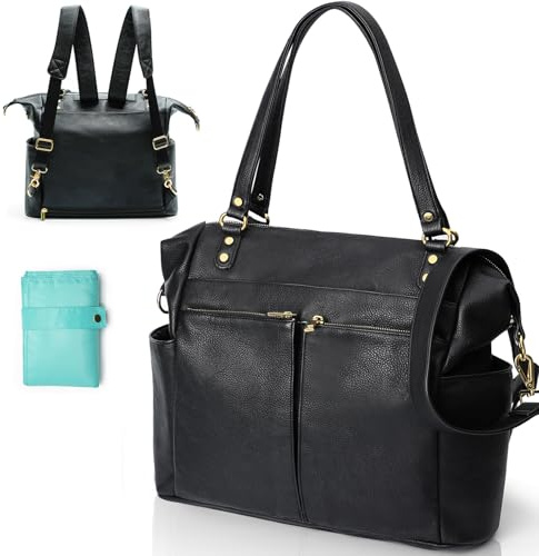 MISS FONG Wickelrucksack Wickeltasche Leder, Baby Rucksack Wickelrucksack Große Kapazität Mit 13 Wickeltasche Organizer, Wickelunterlage für Mama & Papa Wasserdichter Rucksack-Schwarz