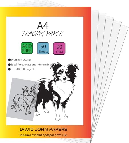 DJP Transparentpapier, A4, 50 Blatt, 90 g/m², durchscheinend, Zeichnen, Kunst, Kalligraphie, Pergamentsäurefrei, hohe Transparenz, technisches Zeichenpapier zum Zeichnen, Skizzieren, Schneidern
