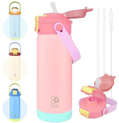 BOGI Kids Metal Water Bottle with Straw, 550ml Stainless Steel Water Bottle Kid for School Leak Proof Insulated Water Bottle with 2-in-1 Duo Lid for Boys Girls Keep Drinks 12h Hot & 24h Cold | Pink
