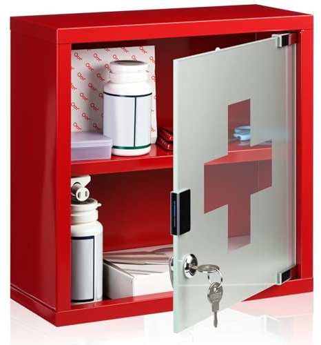 Timgle First Aid Wall Cabinet with Lock Medicine Wall Mounted Bathroom Storage Hanging Medical Cabinet with Safety Glass Door for Bathroom(2 Shelves,Red)