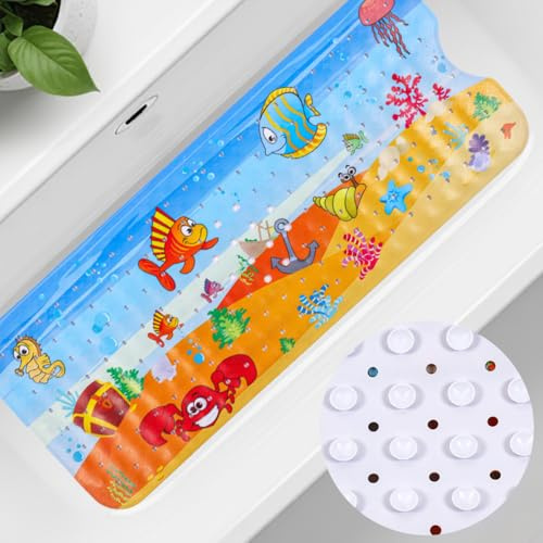 Dazhtu Baby Bath Mats Non Slip Anti Mould 100x40cm Bathtub Mats Extra Long Bath Shower Tub Mat with Suction Cup and Drain Holes,Undersea World Cartoon Kids Bath Mat,Machine Washable,for Bathroom Floor
