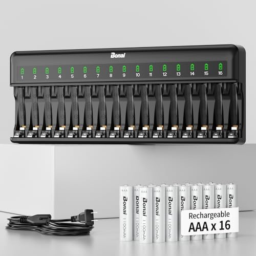 Bonai Rechargeable AAA Batteries with Charger, 16 Bay Smart Fast Battery Charger with American AC Plug & 1100mAh High Capacity Pre-Charged Low Self-Discharge Leak Proof Triple A Batteries (16 Pack)