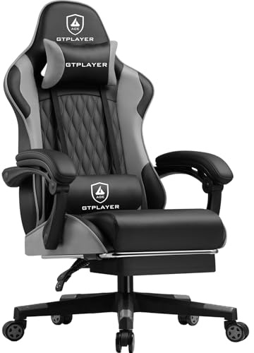 LUCKRACER Gaming Stuhl, Gamer Stuhl, Ergonomischer Bürostuhl mit Fußstütze verstellbare Lenden und Kopfkissen, Gaming Chair Gepolstert, Gaming Sessel 150 kg Belastbarkeit grau