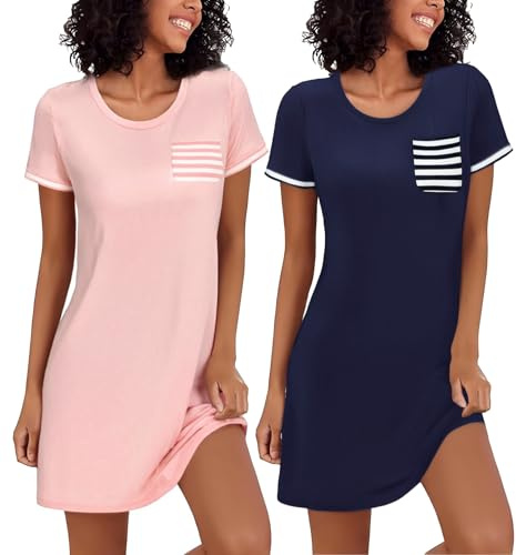 Bresdk Nattlinne damer kortärmad sovskjorta bomull sommar nattskjortor sexig t-shirt sovskjorta sovkläder, Rosa + blå, XL