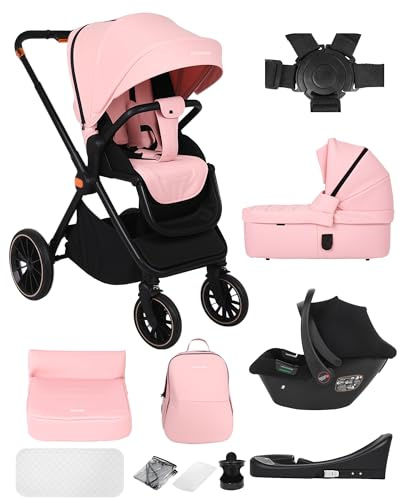BabyVoyage 4 in 1 Kinderwagen 0-48 Monate, Buggy mit Zwei Umkehrbaren Schiebemodi, Rahmen Aluminiumlegierung, Klein Zusammenklappbar, Vollfederung, 5 Punkt Sicherheitsgurt Kinderwagen Buggy-Rosa