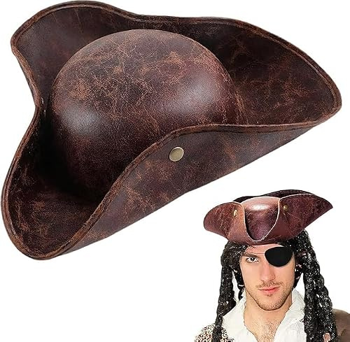 Wongify Brown Pirate Hat for Adults, Distressed PU Faux Leather Tricorn Captain Hat, 57 cm Colonial Fancy Dress Accessory for Halloween, Cosplay and Theme Parties