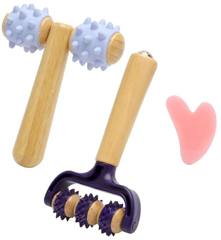 WOKICOR Massaggiatore, 2 rullo massaggiante in legno: uno con palla da massaggio con punte e uno con rullo fascia, per gambe, schiena e braccia, drenaggio linfatico, con pietra gua sha in omaggio