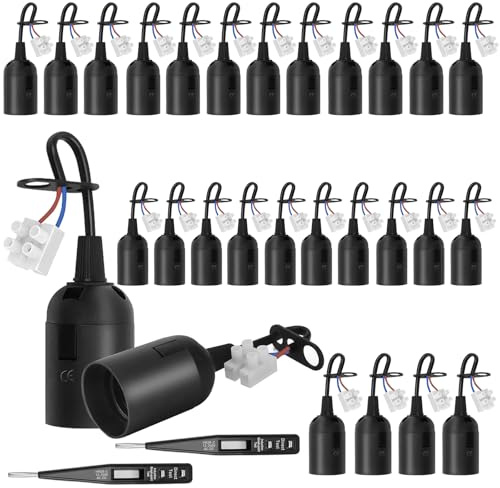 Portalampada E27 Da Cantiere, 28 Pezzi, Con Cavo, Include 2 Tester Di Tensione Vde, Adatto Per Portalampade A Incandescenza, Da Cantiere E Portalampade Retrofit (Nero)