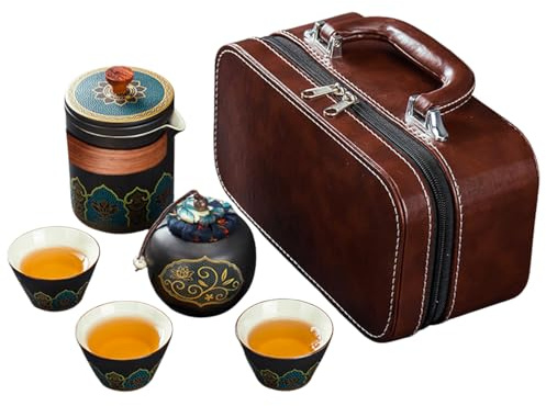 Fycooler Japanese Tea Set,Porcelain Chinese Gongfu Tea Set, Portable Black China Tea Service with Teapot and Bag Beautiful Asian Tea Set for Tea Lover Women/Mens Gifts Office Outdoor Travel Convenient