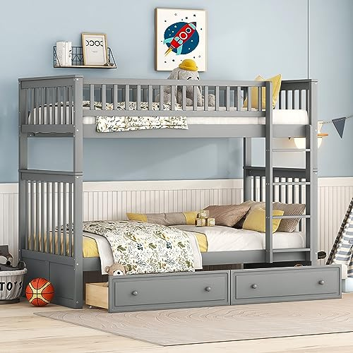 Litera de madera maciza con cajones y función convertible, resistente cama alta de pino y MDF, diseño de ahorro de espacio para dormitorio y habitación de invitados