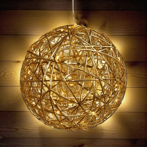 Spetebo Leuchtkugel 20 cm mit Goldband warm weiß mit Timer - 30 LED | Weihnachts Deko, zum Hängen, Batterie betrieben, Stimmungslicht Advent