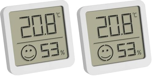 TFA Dostmann Digitales Mini Thermo-Hygrometer, 30.5053.02, Innentemperatur und Luftfeuchtigkeit, klein und handlich, zum Stellen oder Aufhängen, weiß (Packung mit 2)