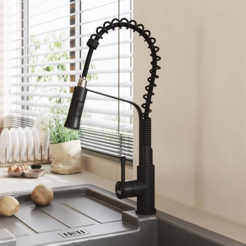 INMOZATA Kitchen Mixer Tap Black, 304 Stainless Steel Spring Pull Out Spray Tap with 1.8m Pull Out Hose, Swivel Spout and G1/2 80Cm Inlet Hoses