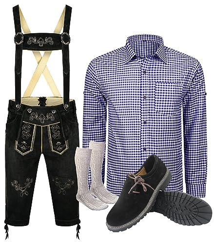 ALL THE GOOD S 2 kostymset (byxor + skjorta + skor + strumpor) bayerska läderbyxor kostymbyxor Oktoberfest läderbyxor traditionell, Byxor: Svart och skjorta: Blå, Byxor 54 Skjorta 42/43