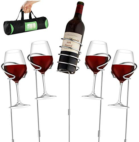 Wine Bottle & Cup stakes Holder Rack - Adjustable Height to 36 INCHES, Durable Metallic Frame, Sturdy Base & Secure Grip | Holds Bottles Of Wine, Beer,Champagne,Beverages,Glasses& More 5 Pieces Set