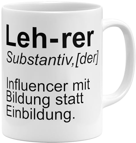 OM3® Lehrergeschenk Kaffee-Tasse mit Spruch - Definition Influencer mit Bildung statt Einbildung - Lehrkraft Lehramt Lehrer - Keramik Becher - 11oz 325ml - Beidseitig Bedruckt - Weiss