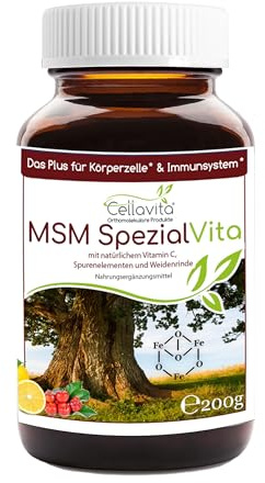 CELLAVITA MSM Spezial Vita mit Vitamin C | Organischer Schwefel Methylsulfonylmethan (MSM) Pulver mit Spurenelementen (200g)