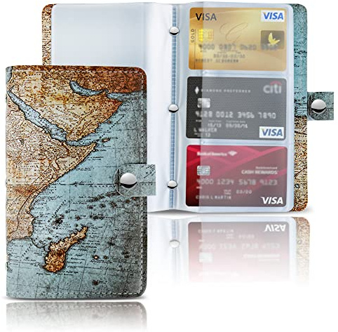 Hennaja Business Card Organizer,Business Card Holder Book Case PU Leather Organization Binder Name ID Card Holder for Men & Women, Up to 96 Cards Capacity(1-Vintage Map)