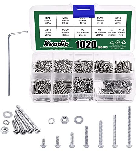 Keadic 1021Pcs M2 7 Sizes Hex Socket Button Head Cap Screws Assortment Kit, 304 Stainless Steel Standard Metric Threaded Hexagon Bolts Screws Nuts Washers Fastener Hardware