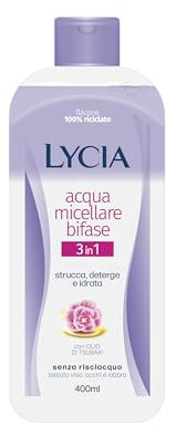 Lycia, Acqua Micellare Bifasica 3 in 1, Struccante per Make Up Waterproof, Formula con Olio di Tsubaki e Acqua di Fior di Loto Emolliente e Idratante, Non lascia Residui, Senza Risciacquo, 400 ml